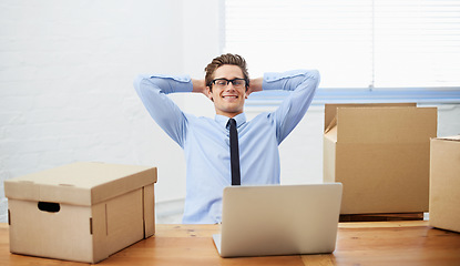 Image showing Business man, moving boxes and smile for laptop, entrepreneur and online logistics for courier. Male person, professional and delivery for company distribution, package and shipment by internet