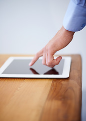 Image showing Tablet, finger and pointing for interactive screen, mockup and technology for networking or touch. Businessman, internet and responsive design for application, web and research in office or display