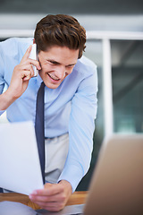 Image showing Business man, phone call and reading laptop, documents and paperwork for planning, accounting and financial advice. Professional worker talking on mobile and computer information or taxes management