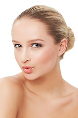 Image showing Woman, makeup and beauty with portrait, pout and model for skin, cosmetics on white background. Topless, beautiful and headshot with shine, skincare or clean for facial glow, dermatology or grooming
