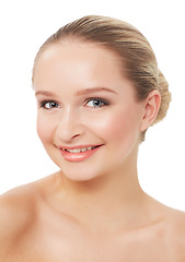 Image showing Woman, makeup and smile with portrait, face and model for skin, cosmetics on white background. Topless, beautiful and headshot with shine, skincare or clean for facial glow, cosmetology or grooming