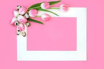 Image showing Easter Pink Tulips Flowers and Quail Egg Background