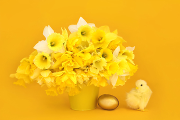 Image showing Happy Easter with Daffodil Flowers Baby Chick and Gold Egg