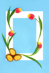 Image showing Gold Easter Eggs and Tulip Flower Background Border Frame 