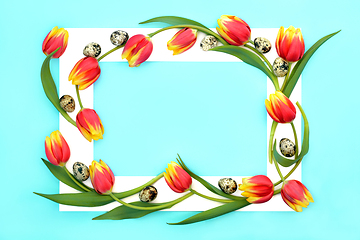 Image showing Quail Eggs and Tulip Flower Spring and Easter Background Frame