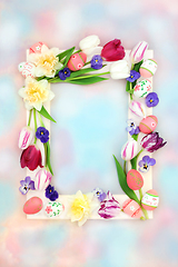 Image showing Colorful Easter Background with Decorated Eggs and Flowers