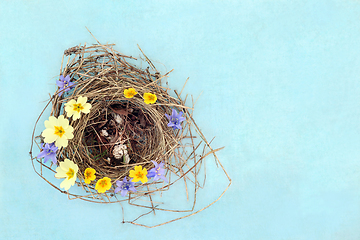 Image showing Blue Tit Birds Flown the Nest with Spring Flowers