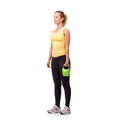 Image showing Training, weightlifting and studio woman with kettlebell for bicep muscle growth, arm strength development or full body exercise. Gym equipment, bodybuilding and female athlete on white background