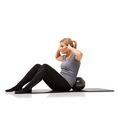 Image showing Exercise ball, fitness and woman with health, stretching and wellness isolated on a white studio background. Person, mockup space and girl with training, workout and breathing with balance and crunch