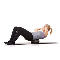 Image showing Pilates, sit up and woman exercise on ball, workout or training healthy body isolated on a white studio background mockup space. Core muscle, mat and person on equipment for fitness or strong abdomen