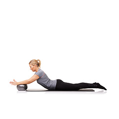Image showing Woman, ball and arm balance for stretching on yoga mat for workout performance, wellness or white background. Female person, gym equipment and fitness in studio for mockup space, challenge or health