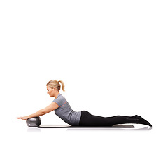 Image showing Exercise ball, stretching and woman with training, flexible and balance isolated on a white studio background. Person, mockup space and girl with fitness, healthy and breathing with wellness or body