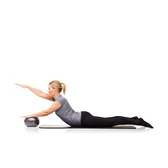 Image showing Stretching arms, workout or woman on ball in pilates, exercise or body health isolated on a white studio background mockup space. Flexible, mat or person on equipment for balance, training or fitness