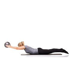 Image showing Stretching arms, pilates or woman with ball in workout, exercise or body health isolated on white studio background mockup space. Flexible, mat or person on equipment for balance, training or fitness