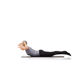 Image showing Exercise arms, pilates or woman on ball in workout, stretching or body health isolated on a white studio background mockup space. Flexible, mat or person on equipment for balance, training or fitness