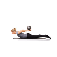 Image showing Workout arms, pilates or woman on ball in exercise, stretching or body health isolated on a white studio background mockup space. Flexible, mat or person on equipment for balance, training or fitness