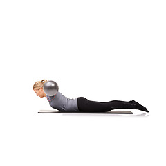 Image showing Exercise ball, body and woman with wellness, stretching and girl isolated on a white studio background. Person, mockup space and girl with training, healthy and breathing with balance and flexible