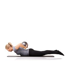 Image showing Exercise ball, healthy and woman with workout, stretching and wellness isolated on white studio background. Person, mockup space and girl with core training, body and breathing with balance and model