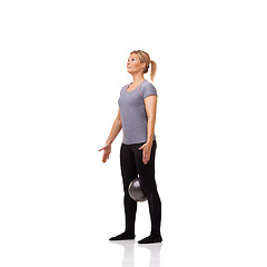 Image showing Woman exercise legs on pilates ball, training and workout body health isolated on a white studio background mockup. Medicine equipment, balance and person in fitness, sports and standing for wellness