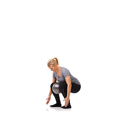 Image showing Exercise knee, squat and woman on ball in workout, training and healthy body isolated on a white studio background mockup space. Legs, balance or person on equipment for pilates, fitness or wellness
