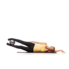 Image showing Woman, portrait and ball or legs wellness for abductor squeeze exercise, strong thighs or white background. Female person, face and equipment in studio for health balance, lifting or mockup space