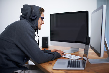 Image showing Man, hoodie and hacker on computer for digital information for password error, cyber security or database glitch. Male person, dual screen and online programming for malware code, stealing or network