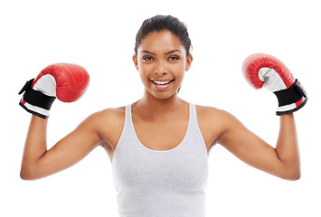 Image showing Portrait, boxer and fight with woman, flexing and exercise isolated on white studio background. Face, person and challenge with wellness, boxing and mma training with fitness, energy or strong muscle