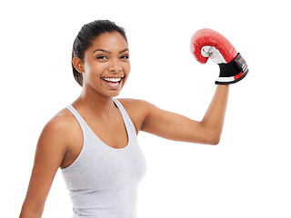 Image showing Portrait, boxer and glove with woman, flex and exercise isolated on a white studio background. Face, person and challenge with wellness, boxing and mma training with performance, energy or workout