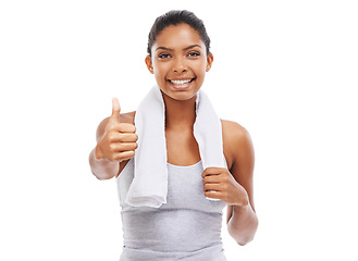 Image showing Exercise, thumbs up and woman in studio for training success, fitness achievement and winning hands or like emoji. Portrait, sports model and yes, okay or happy workout results on a white background