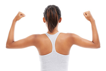 Image showing Flexing arms, back and woman with fitness, strong muscle and wellness isolated on a white studio background. Mockup space, person and model with progress, endurance and healthy with confident girl