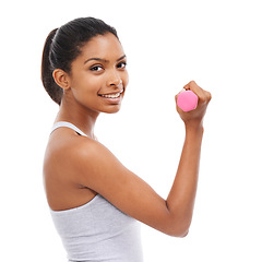 Image showing Fitness, woman and dumbbell in studio portrait for health, exercise and workout or gym power. Face of bodybuilder or happy sports person in training, strong and muscle wellness on a white background