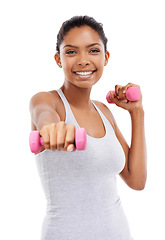 Image showing Happy woman, portrait and dumbbells for weightlifting, exercise or workout against a white studio background. Active female person smile for lifting, bodybuilding or muscle gain in fitness on mockup