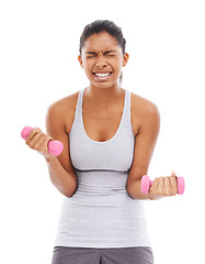 Image showing Woman, struggle and dumbbell for fitness in studio with workout, training and wellness. Weights, female person and athlete with iron, arm muscle and health with white background, exercise and sport