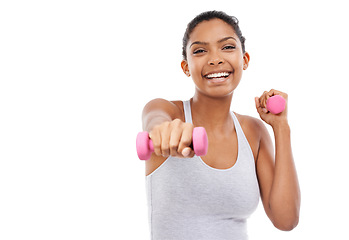 Image showing Fitness, excited woman and dumbbell in studio for health, exercise and workout or gym power. Portrait, bodybuilder or sports person in training and strong or muscle wellness on a a white background