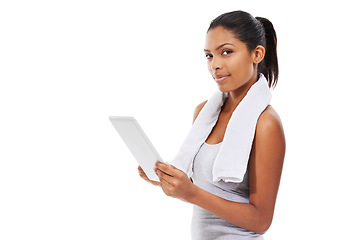 Image showing Fitness, internet and woman with tablet, portrait and exercise isolated on a white studio background. Person, face and model with technology, connection and online with information, wellness or towel
