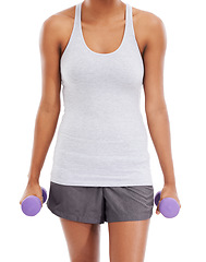 Image showing Woman, hands and dumbbells for weightlifting, exercise or workout against a white studio background. Closeup of female person with small weights for bodybuilding or muscle gain in fitness on mockup