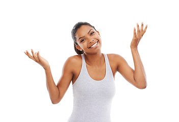 Image showing Portrait, shrug and confused with woman, ideas and decision isolated on white studio background. Face, person or model with a smile, choice or solution with questions, why or doubt with body language