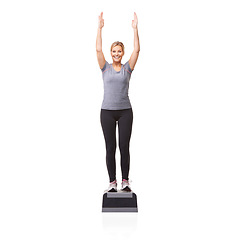 Image showing Portrait, aerobics and woman with balance, fitness and model isolated on a white studio background. Person, mockup space and girl with training, wellness and energy with cardio, workout and happy