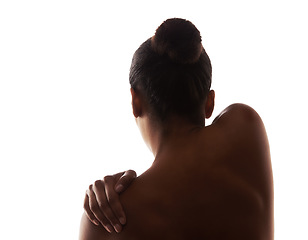 Image showing Woman, nudity and naked body with back, figure and sexy for artistic, beauty and white studio background. Model, creative and female person with skin, bare or standing with touch, posing or beautiful