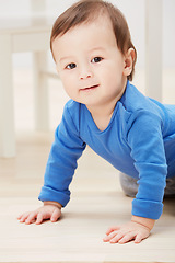 Image showing Playful, crawling and portrait of baby on floor for child development, learning and youth. Young, curious and adorable with infant kid on ground of family home for growth, progress and milestone