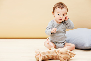 Image showing Baby, portrait and stuffed animal or playing in home or comfort, childhood development or entertainment. Kid, toy teddy and learning in apartment or education progress, coordination, growth or mockup