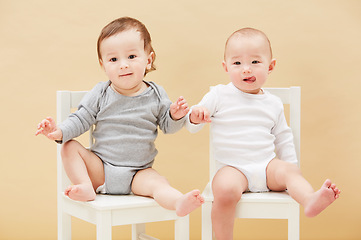 Image showing Portrait, chair and baby boys for growth or child development in studio on an orange background. Children, cute or adorable and sibling or small infant kids sitting together for family bonding