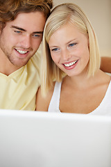 Image showing Laptop, love and couple relax on a sofa with social media, movies or streaming at home together. Online shopping, search and people in a living room checking ecommerce website deal for December sale