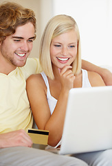 Image showing Couple, credit card and thinking on computer for online shopping, loan choice or digital money on sofa at home. Happy woman and man on laptop for internet banking, website payment or e commerce ideas