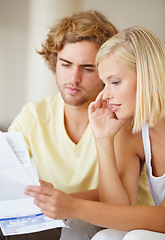Image showing Paper, finance and couple with documents in a house for future planning, investment or asset management. Paperwork, insurance and people in a living room for bills, mortgage or home loan application