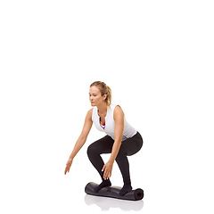 Image showing Woman, squat and exercise on mat, studio profile and workout for legs, fitness and health by white background. Girl, yoga or pilates with training, thinking and muscle development process on floor