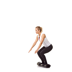Image showing Woman, exercise and mat in studio for workout, pilates or fitness for healthy body, wellness or balance. Person, face and yoga in sportswear for physical activity on mock up space or white background