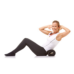 Image showing Woman, fitness and mat in studio for sit ups, pilates or workout for healthy body, wellness and core muscle. Person, portrait and yoga or smile for abdomen health on mockup space and white background