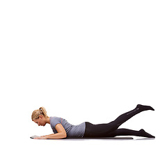 Image showing Woman, fitness and mat in studio for cobra, pilates or workout for healthy body, wellness and core muscle. Person, exercise and yoga on floor for abdomen health on mockup space and white background