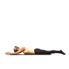 Image showing Woman, pilates and mat in studio for stretching, yoga or workout for healthy body, wellness or core muscle. Person, exercise or fitness on floor for abdomen health on mockup space or white background